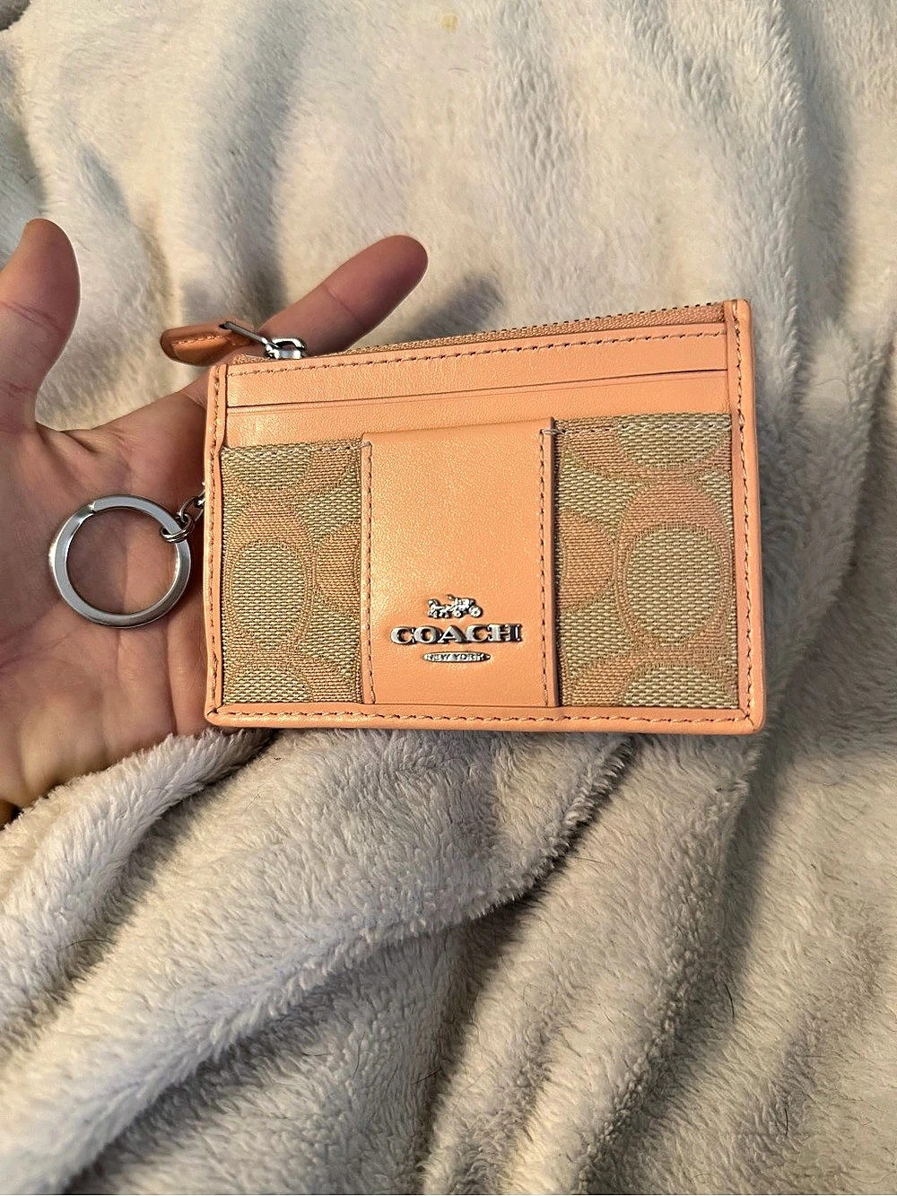 Coach Mini Skinny ID Case in Signature Canvas Peach & Tan
